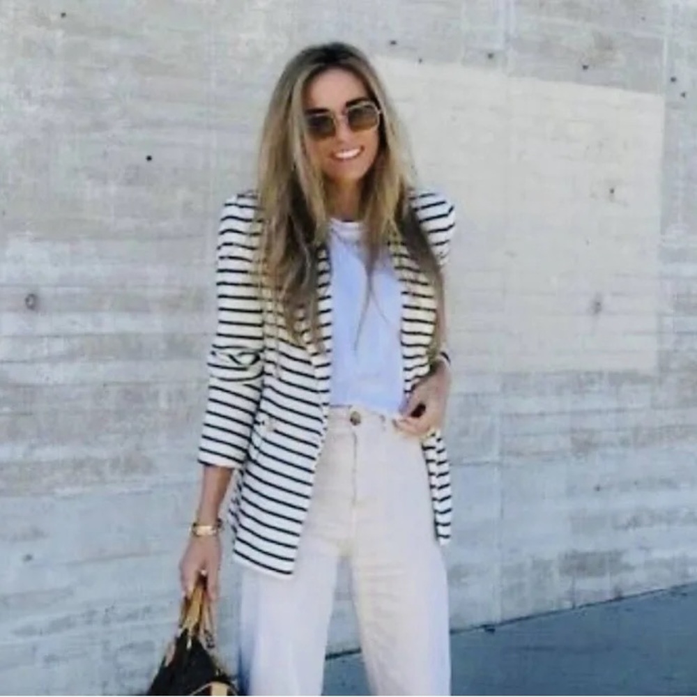 Joie Striped Blazer and White Pants Outfit - Picture 13 of 16